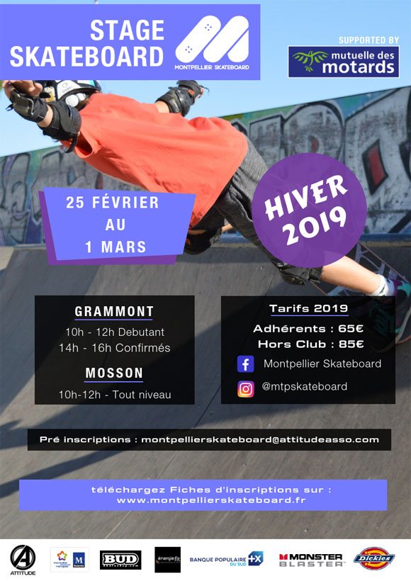 Stages de skateboard vacances d'hiver Montpellier du 25 février au 1er mars 2019