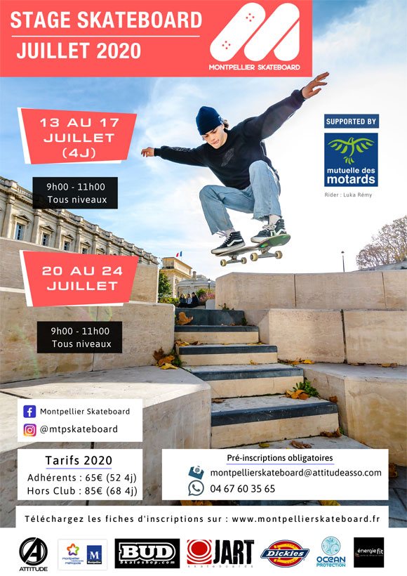 Montpellier Skateboard School stages vacances juillet 2020