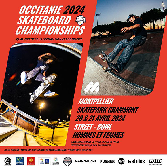 Occitanie 2024 Skateboard Championships Skatepark Grammont Montpellier samedi 20 et dimanche 21 avril 2024