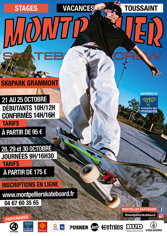 Montpellier Skateboard School stages vacances Toussaint 2024
