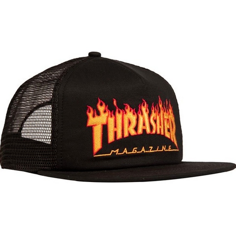 thrasher cap trucker mesh embroidered flame logo (black)