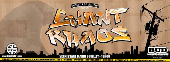 G*Koncept aka Geka expo Giant Khaos à BUD SKATESHOP Marseille, vernissage et best trick contest le mardi 9 juillet 2013 19h