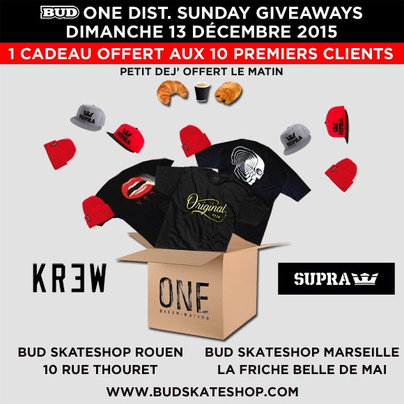 BUD One Distribution Sunday Giveaways shops de Marseille, Rouen et sur le site dimanche 13 décembre 2015
