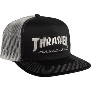 thrasher cap trucker mesh embroidered skate mag (black/grey) thrasher cap trucker mesh embroidered skate mag (black/grey)